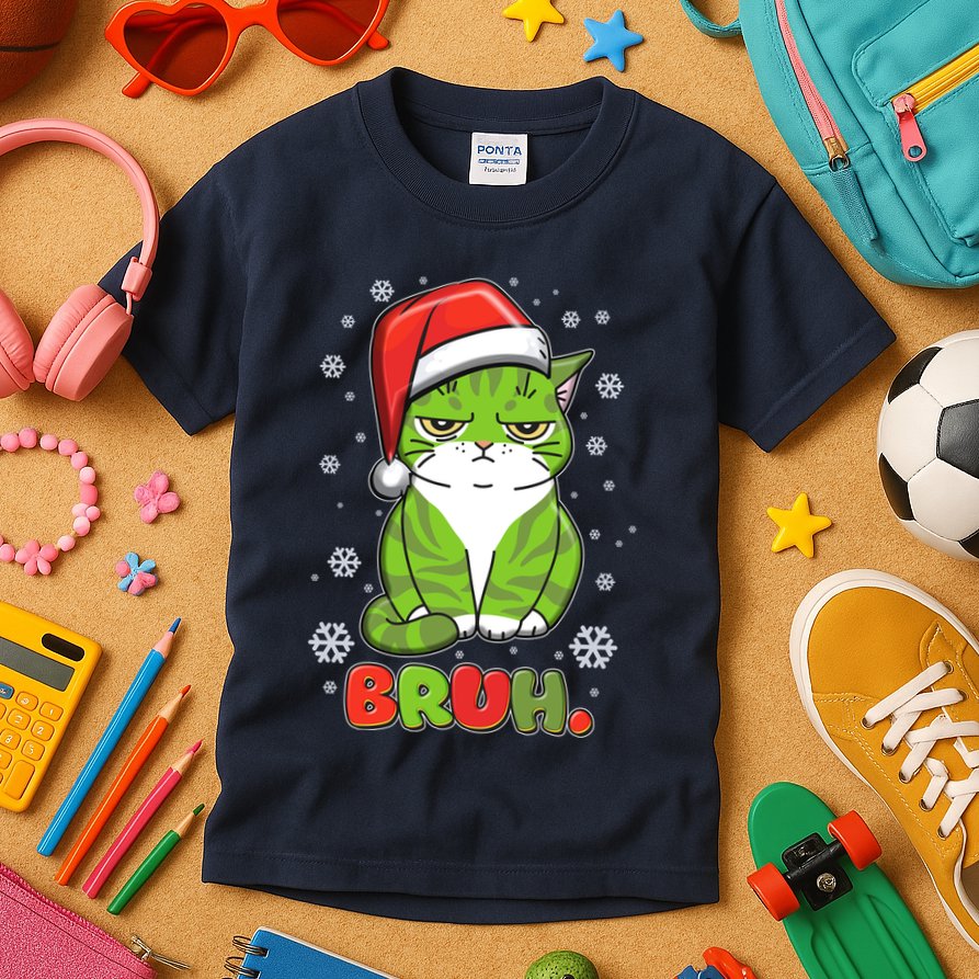 Funny Christmas Bruh Grumpy Grinch Cat Kids T-Shirt