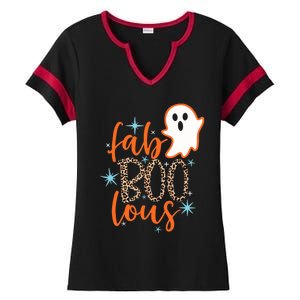 Funny Cute Boo Ghost Halloween Fab-Boo Lous Leopard Ladies Halftime Notch Neck Tee