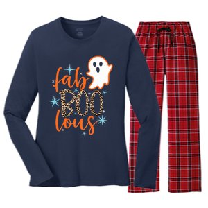 Funny Cute Boo Ghost Halloween Fab-Boo Lous Leopard Women's Long Sleeve Flannel Pajama Set 