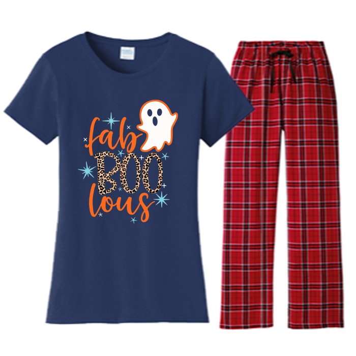 Funny Cute Boo Ghost Halloween Fab-Boo Lous Leopard Women's Flannel Pajama Set