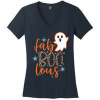 Funny Cute Boo Ghost Halloween Fab-Boo Lous Leopard Women's V-Neck T-Shirt