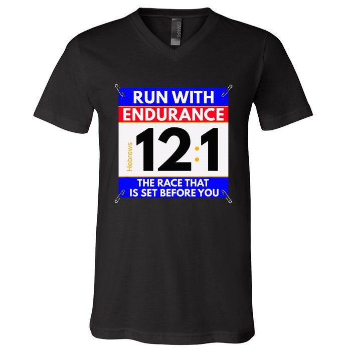 Fun Christian Bible Verse Run The Race Of Life Runners V-Neck T-Shirt