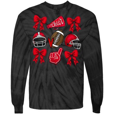 Football Coquette Bow Football Mom Game Day Tie-Dye Long Sleeve Shirt