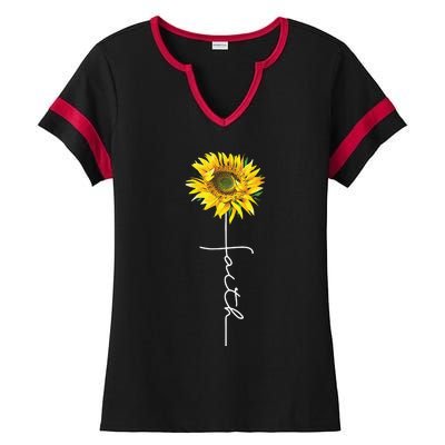 Faith Cross Bible Christian Religious Sunflower Ladies Halftime Notch Neck Tee