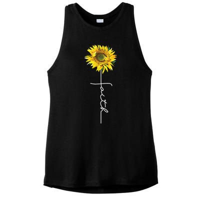 Faith Cross Bible Christian Religious Sunflower Ladies PosiCharge Tri-Blend Wicking Tank