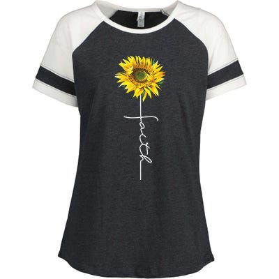 Faith Cross Bible Christian Religious Sunflower Enza Ladies Jersey Colorblock Tee