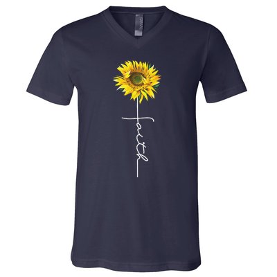 Faith Cross Bible Christian Religious Sunflower V-Neck T-Shirt