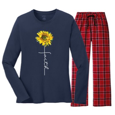 Faith Cross Bible Christian Religious Sunflower Women's Long Sleeve Flannel Pajama Set 