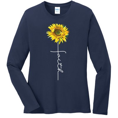 Faith Cross Bible Christian Religious Sunflower Ladies Long Sleeve Shirt