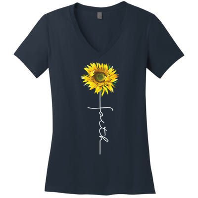 Faith Cross Bible Christian Religious Sunflower Women's V-Neck T-Shirt