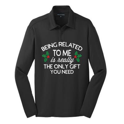 Funny Christmas Being Related To Me Family Joke Silk Touch Performance Long Sleeve Polo