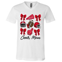 Football Coquette Bow Cheer Mom Red V-Neck T-Shirt