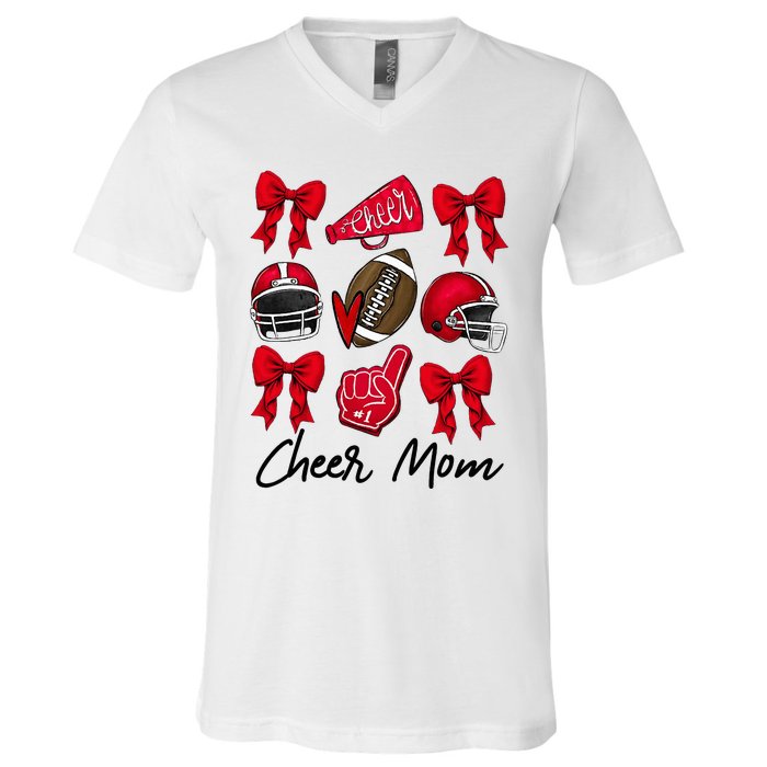 Football Coquette Bow Cheer Mom Red V-Neck T-Shirt