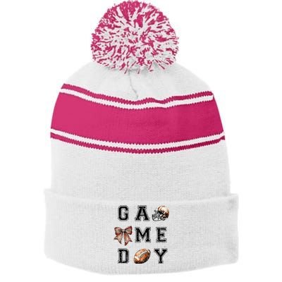 Football Coquette Bow Football Mom Game Day Stripe Pom Pom Beanie