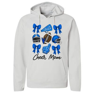 Football Coquette Bow Cheer Mom Blue Performance Fleece Hoodie