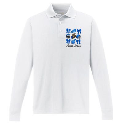 Football Coquette Bow Cheer Mom Blue Performance Long Sleeve Polo