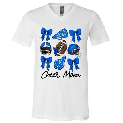 Football Coquette Bow Cheer Mom Blue V-Neck T-Shirt