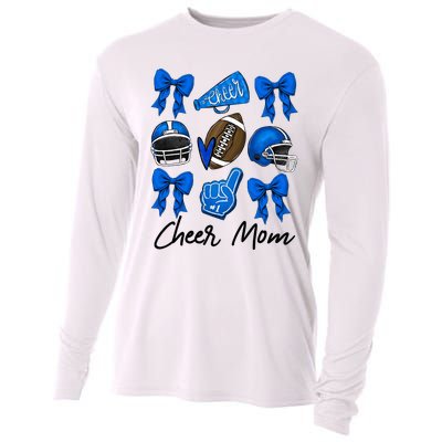 Football Coquette Bow Cheer Mom Blue Cooling Performance Long Sleeve Crew