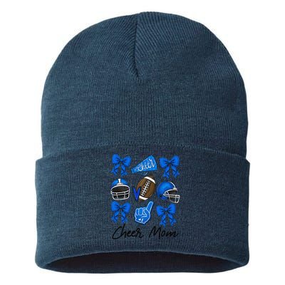 Football Coquette Bow Cheer Mom Blue Gift Sustainable Knit Beanie