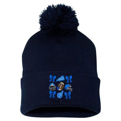 Football Coquette Bow Cheer Mom Blue Gift Pom Pom 12in Knit Beanie