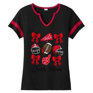 Football Coquette Bow Cheer Mom Red Gift Ladies Halftime Notch Neck Tee