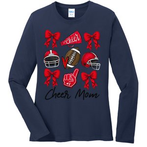 Football Coquette Bow Cheer Mom Red Gift Ladies Long Sleeve Shirt