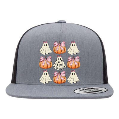 Funny Coquette Bow Pumpkin Halloween Ghost Spooky Season Flat Bill Trucker Hat