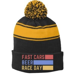 Fast Car Beer Race Day Stripe Pom Pom Beanie