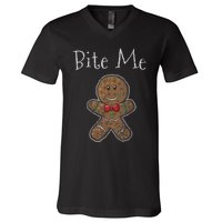 Funny Christmas Bite Me Gingerbread Man V-Neck T-Shirt