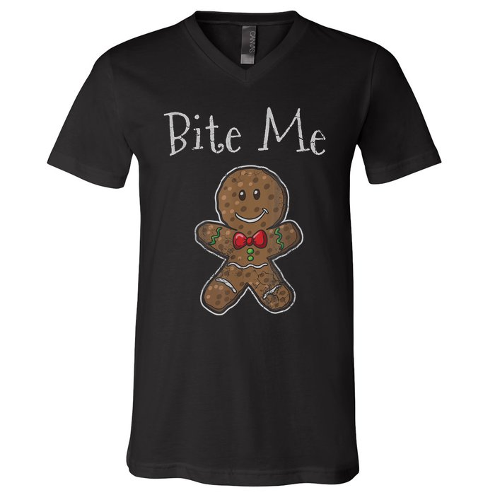 Funny Christmas Bite Me Gingerbread Man V-Neck T-Shirt