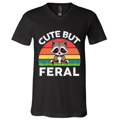 Funny Cute But Feral Raccoon V-Neck T-Shirt