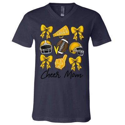 Football Coquette Bow Cheer Mom Yellow Gift V-Neck T-Shirt