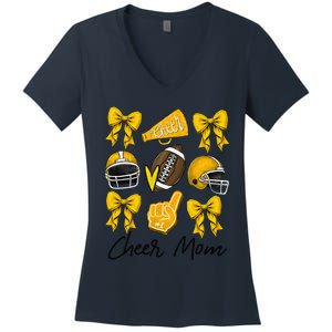 Football Coquette Bow Cheer Mom Yellow Gift Women's V-Neck T-Shirt