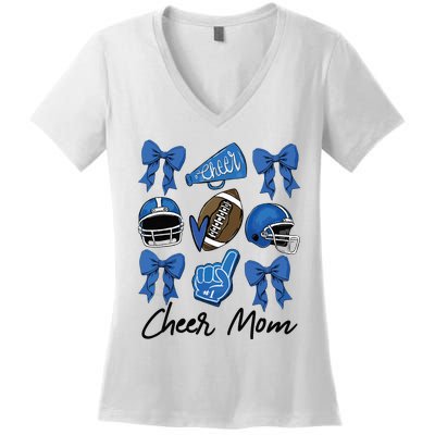 Football Coquette Bow Cheer Mom Blue Women's V-Neck T-Shirt