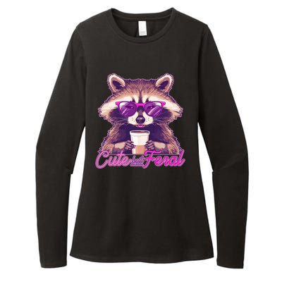 Funny Cute But Feral Coffee Raccoon Womens CVC Long Sleeve Shirt