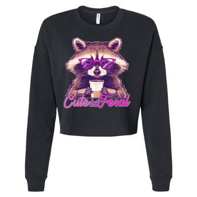 Funny Cute But Feral Coffee Raccoon Cropped Pullover Crew