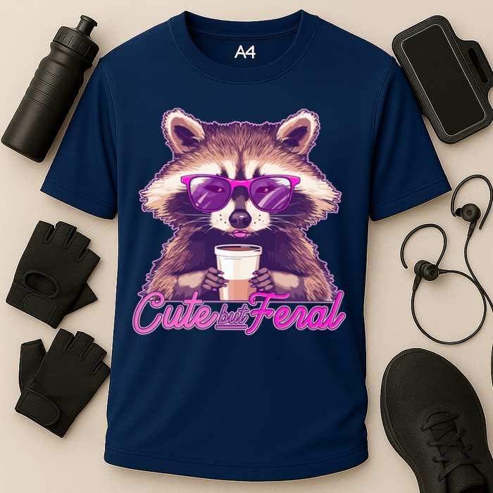 Funny Cute But Feral Coffee Raccoon Cooling Performance Crew T-Shirt