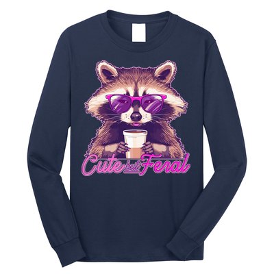 Funny Cute But Feral Coffee Raccoon Long Sleeve Shirt