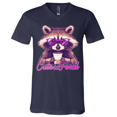 Funny Cute But Feral Coffee Raccoon V-Neck T-Shirt