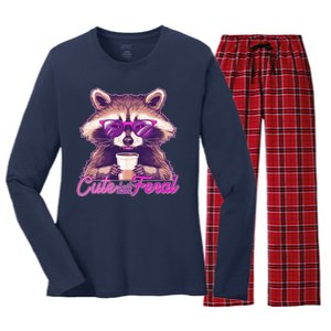 Funny Cute But Feral Coffee Raccoon Women's Long Sleeve Flannel Pajama Set 