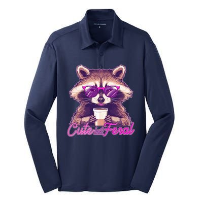 Funny Cute But Feral Coffee Raccoon Silk Touch Performance Long Sleeve Polo