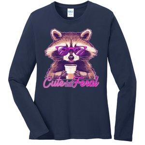 Funny Cute But Feral Coffee Raccoon Ladies Long Sleeve Shirt