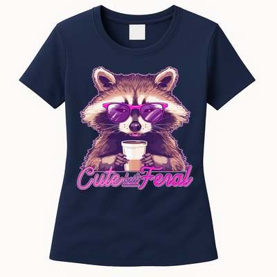 Funny Cute But Feral Coffee Raccoon Womens T-Shirt