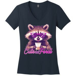 Funny Cute But Feral Coffee Raccoon Women's V-Neck T-Shirt