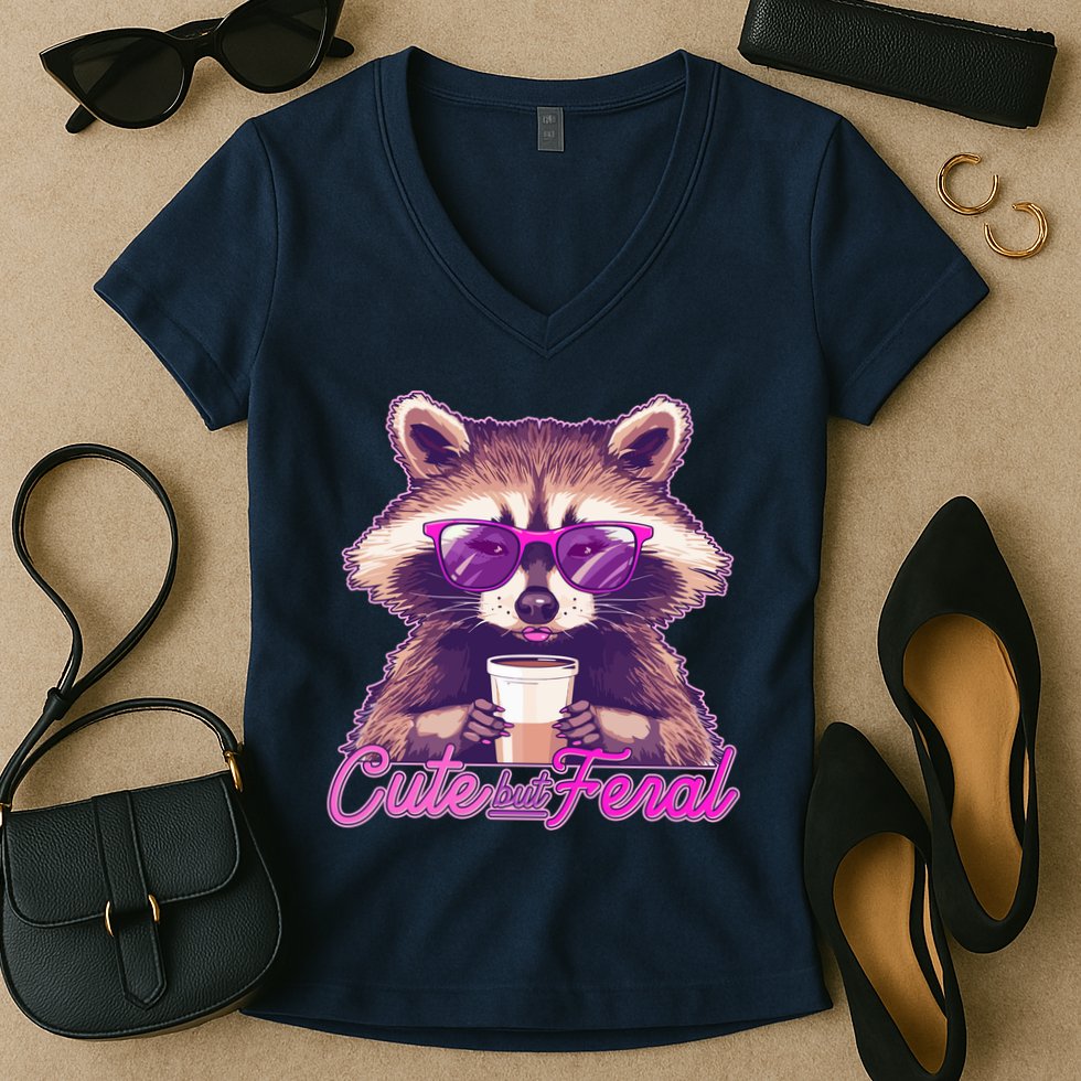 Funny Cute But Feral Coffee Raccoon Women's V-Neck T-Shirt