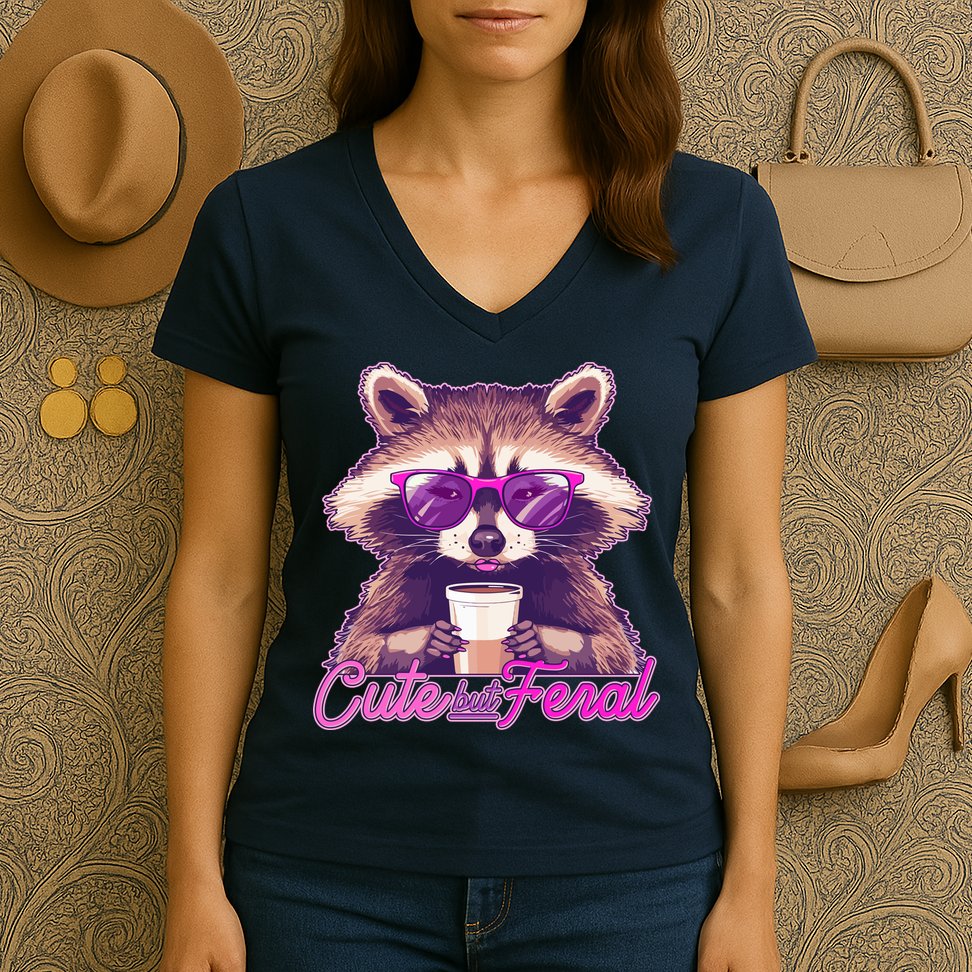 Funny Cute But Feral Coffee Raccoon Women's V-Neck T-Shirt