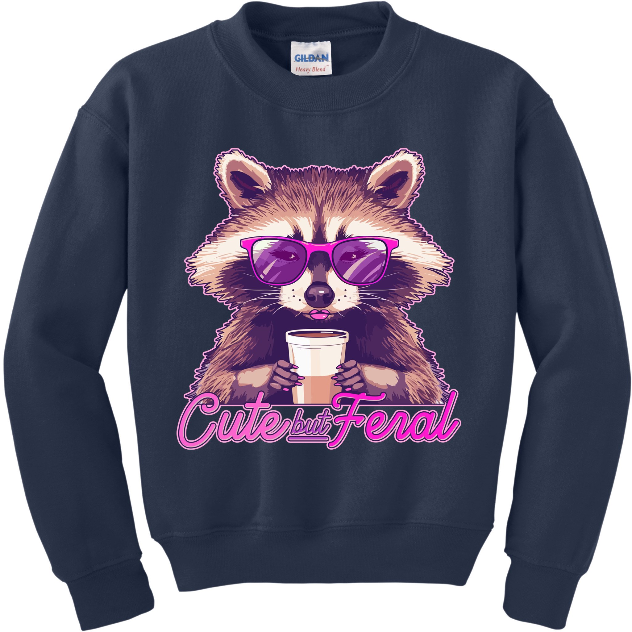 Funny Cute But Feral Coffee Raccoon Kids Sweatshirt