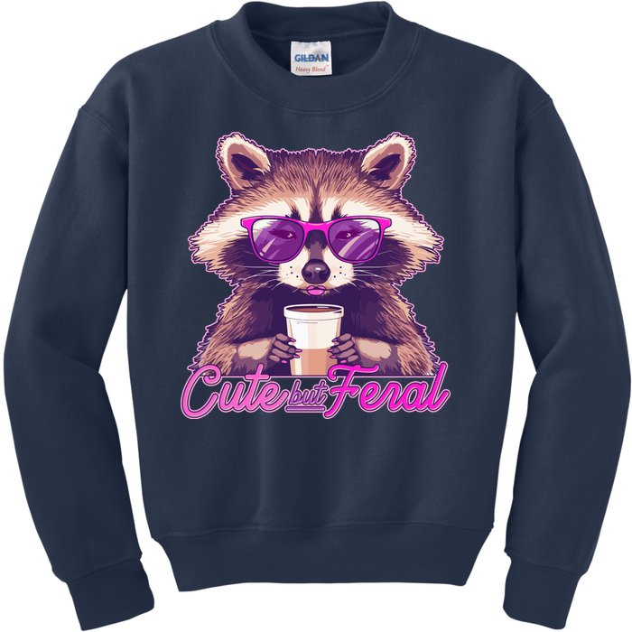 Funny Cute But Feral Coffee Raccoon Kids Sweatshirt