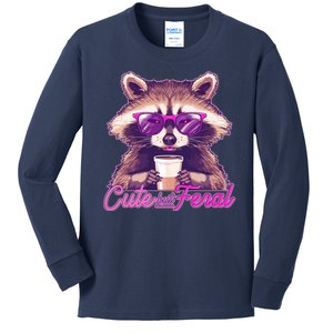 Funny Cute But Feral Coffee Raccoon Kids Long Sleeve Shirt