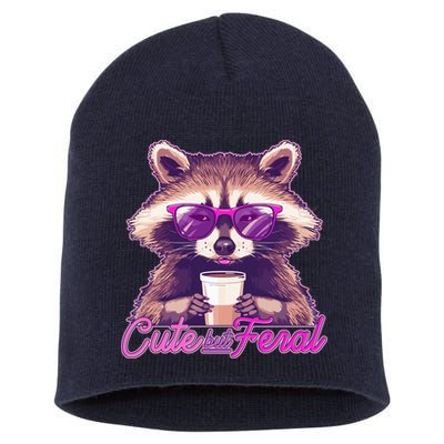 Funny Cute But Feral Coffee Raccoon Short Acrylic Beanie